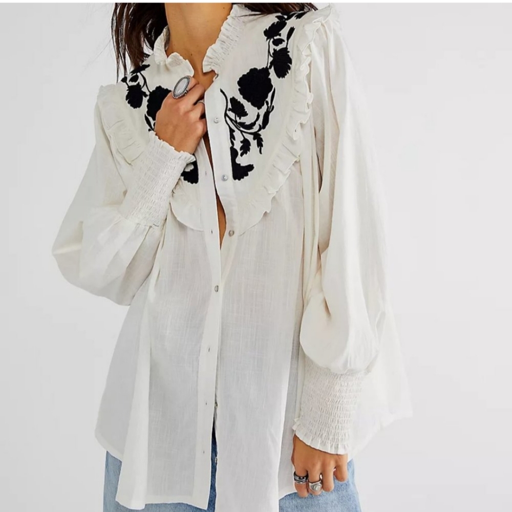 Free People Embroidered Rose Vines Cotton Shirt/Tunic, XS, NWOT